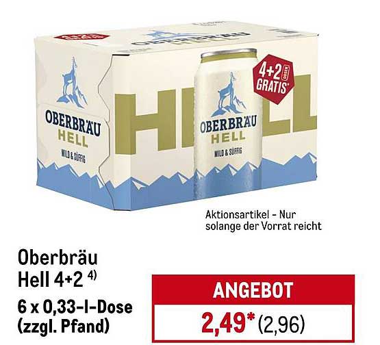 Oberbräu Hell 4+2 – 6 x 0,33 l-Dose (zzgl. Pfand)