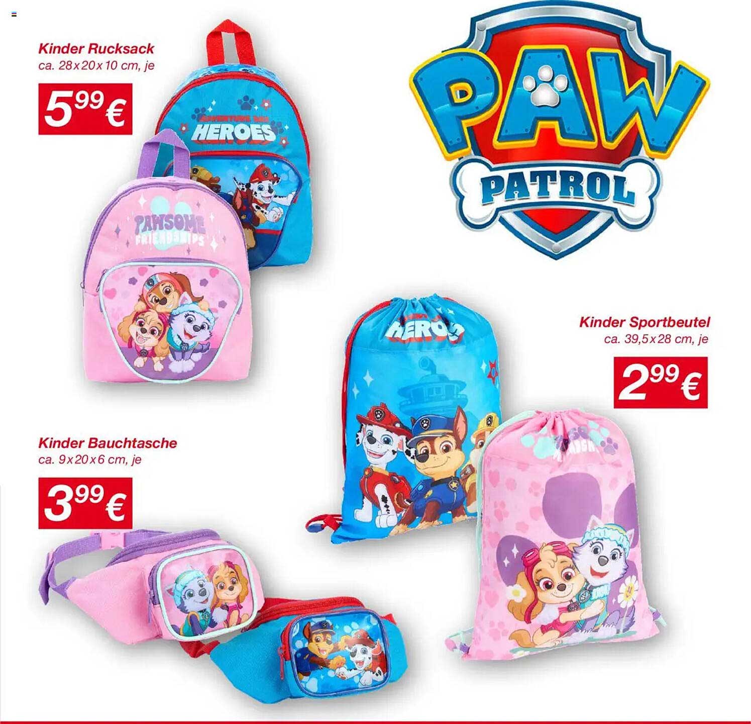 PAW Patrol Kinder Rucksack, Kinder Sportbeutel und Kinder Bauchtasche
