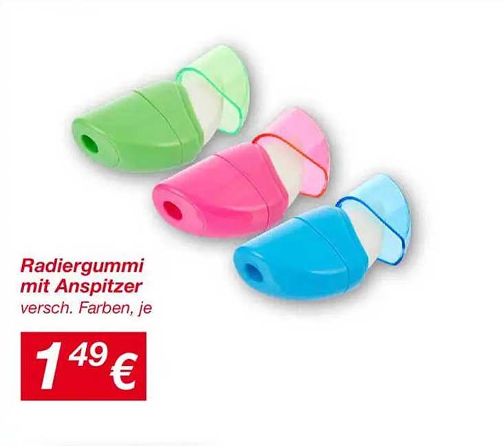 Radiergummi mit Anspitzer, verschied. Farben, je