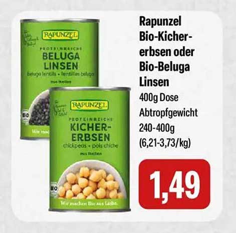 Rapunzel Bio-Kichererbsen oder Bio-Beluga Linsen 400g Dose