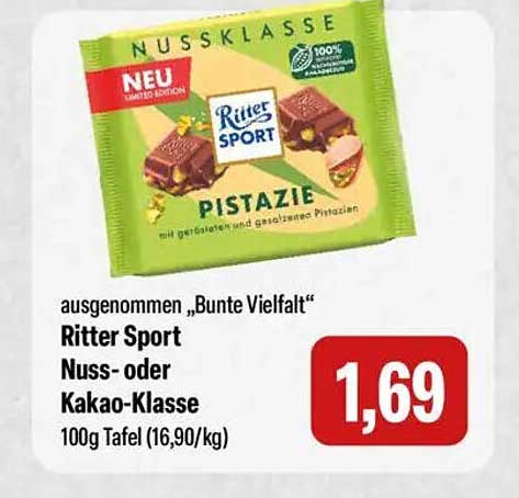 Ritter Sport Nuss- oder Kakao-Klasse – Pistazie 100g