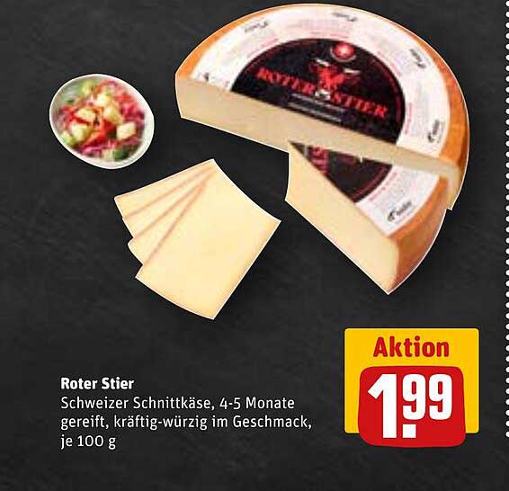 Roter Stier Schweizer Schnittkäse, 4-5 Monate gereift, kräftig-würzig im Geschmack, je 100 g