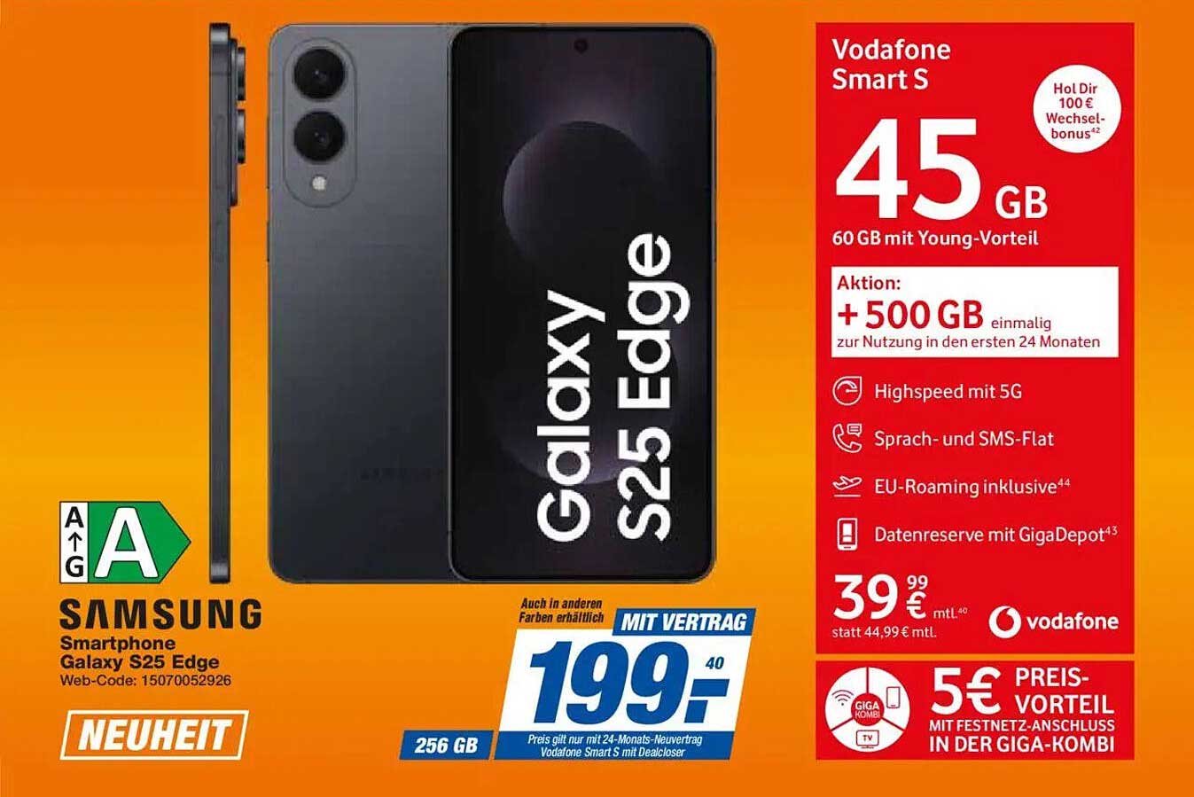 Samsung Smartphone Galaxy S25 Edge mit Vodafone Smart S Tarif