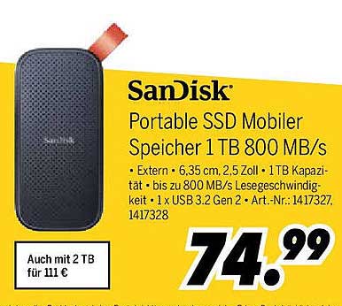 SanDisk Portable SSD Mobiler Speicher 1 TB 800 MB/s