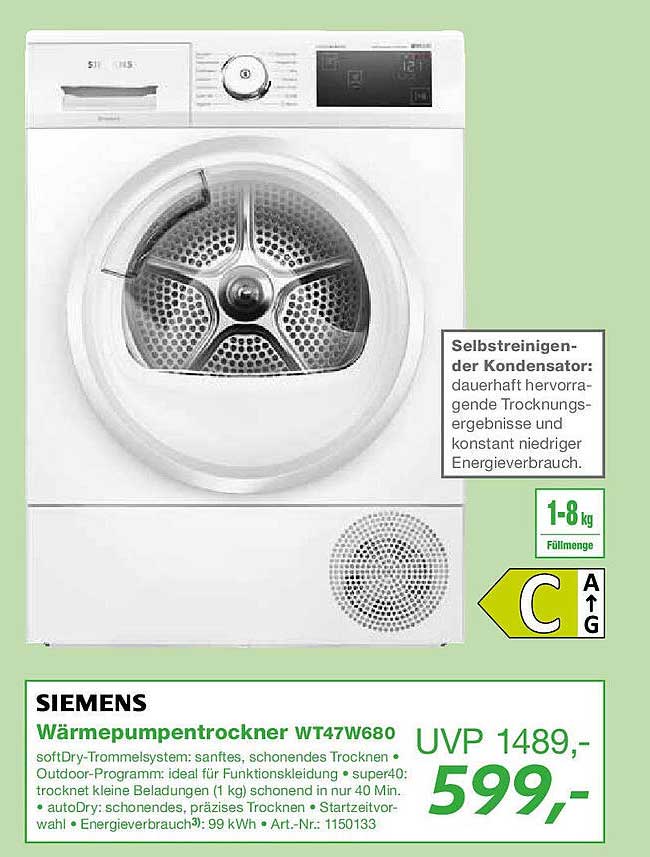 Siemens Wärmepumpentrockner WT47W680