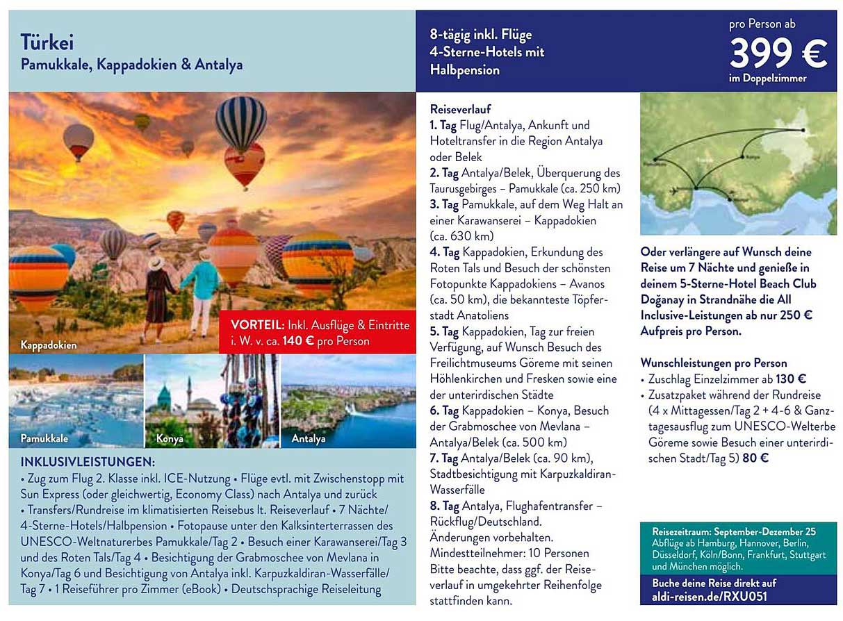 Türkei Pamukkale, Kappadokien & Antalya – 8-tägige Reise mit Halbpension