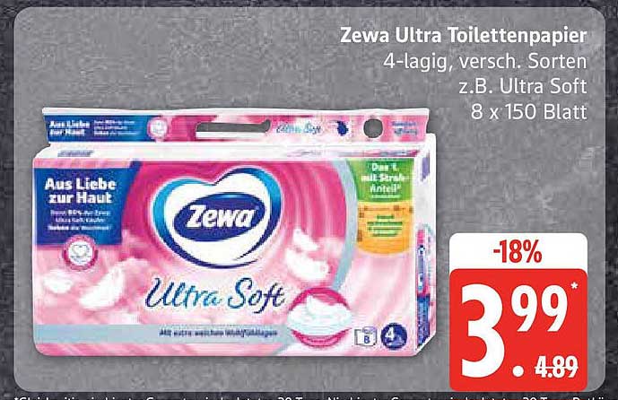 Zewa Ultra Toilettenpapier 4-lagig, verschieden Sorten z.B. Ultra Soft 8 x 150 Blatt