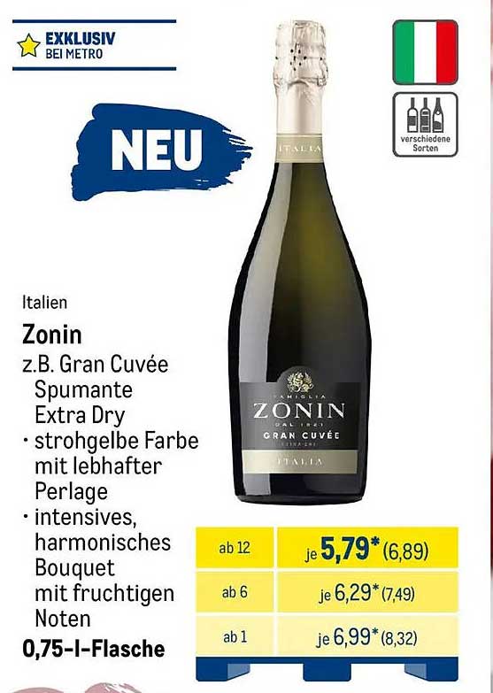 Zonin Gran Cuvée Spumante Extra Dry, 0,75-l-Flasche