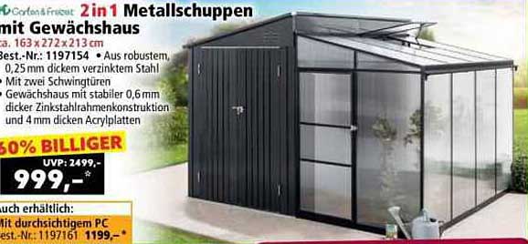 2 in 1 Metallschuppen mit Gewächshaus