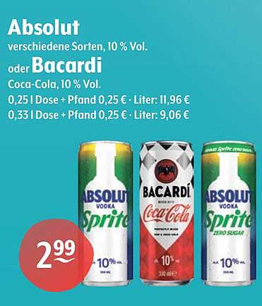 Absolut oder Bacardi - Verschiedene Sorten, 10 % Vol.