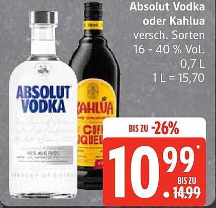 Absolut Vodka oder Kahlua verschieden Sorten 16 - 40 % Vol. 0,7 L