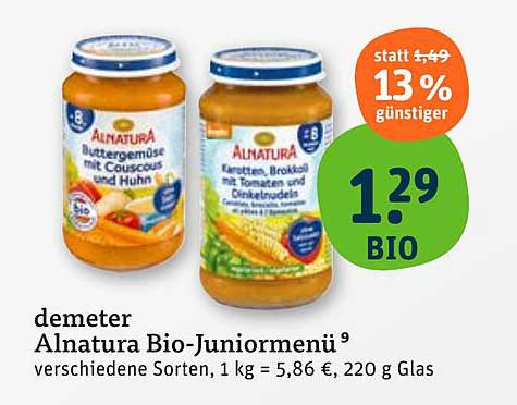 Alnatura Bio-Juniorenmenü – Buttergemüse mit Couscous und Hühnchen