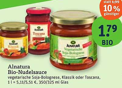 Alnatura Bio-Nudelsauce - vegetarische Soja-Bolognese, Klassik oder Toscana