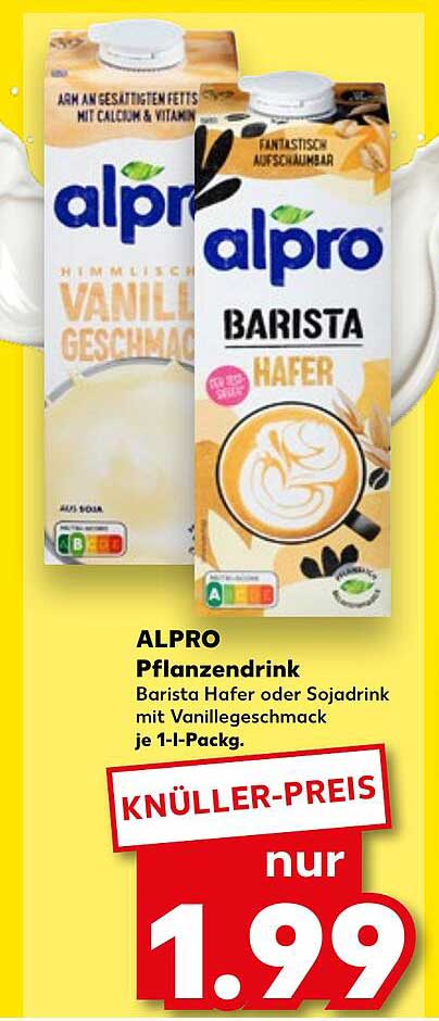 ALPRO Pflanzendrink Barista Hafer oder Sojadrink mit Vanillegeschmack 1 l-Packung