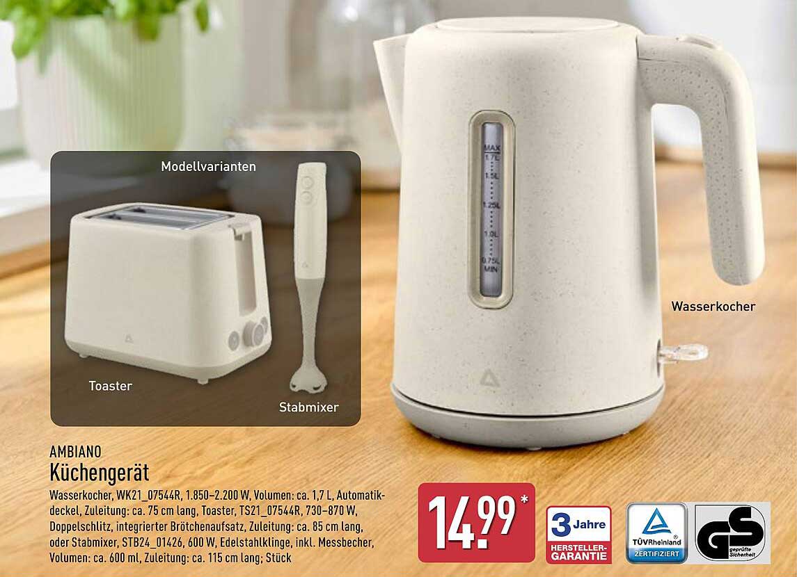 AMBIANO Wasserkocher WK21_07544R, 1,7 L, 2.200 W