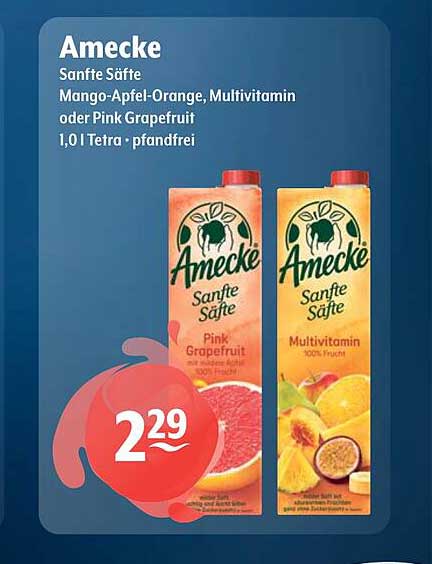 Amecke Sanfte Säfte - Mango-Apfel-Orange, Multivitamin oder Pink Grapefruit 1,0 l Tetra, pfandfrei