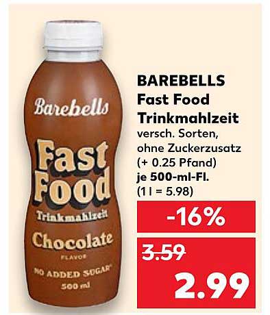 BAREBELLS Fast Food Trinkmahlzeit, 500 ml, Chocolate