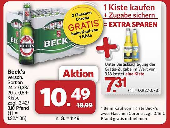 Beck's Bier Kiste kaufen und zwei Flaschen Corona gratis sichern!