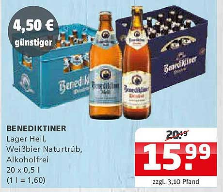 BENEDIKTINER Lager Hell, Weißbier Naturtrüb, Alkoholfrei 20 x 0,5 l
