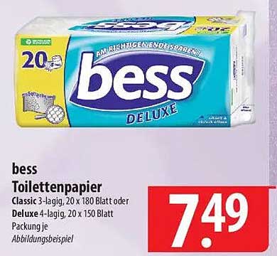 bess Toilettenpapier Classic 3-lagig oder Deluxe 4-lagig, 20 x 180 Blatt oder 20 x 150 Blatt