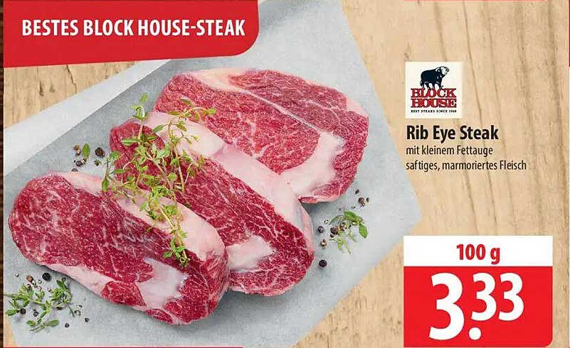 BESTES BLOCK HOUSE-STEEK Rib Eye Steak mit kleinem Fettauge - saftiges, marmoriertes Fleisch