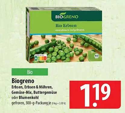 Biogreno Bio Erbsen, Erbsen & Möhren, Gemüse-Mix, Buttermilch oder Blumenkohl, gefroren, 300-g-Packung