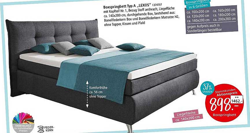 Boxspringbett Typ A „LEXOS“ mit Kopfteil Nr. 1, Bezug Stoff antrazith
