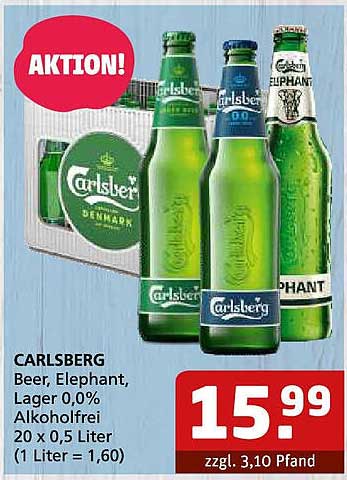 CARLSBERG Bier, Elephant, Lager 0,0% Alkoholfrei 20 x 0,5 Liter