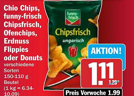 Chio Chips, funny-frisch Chipsfrisch, Ofenchips, Erdnuss Flippies oder Donuts – Aktionspreis!