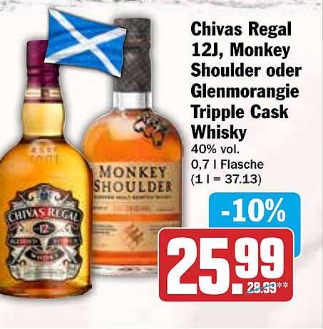 Chivas Regal 12J, Monkey Shoulder oder Glenmorangie Tripple Cask Whisky 0,7 l