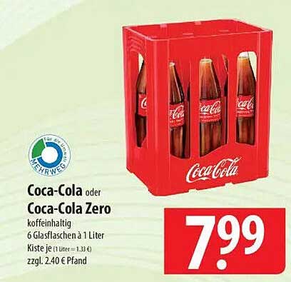 Coca-Cola oder Coca-Cola Zero - 6 Gläser à 1 Liter