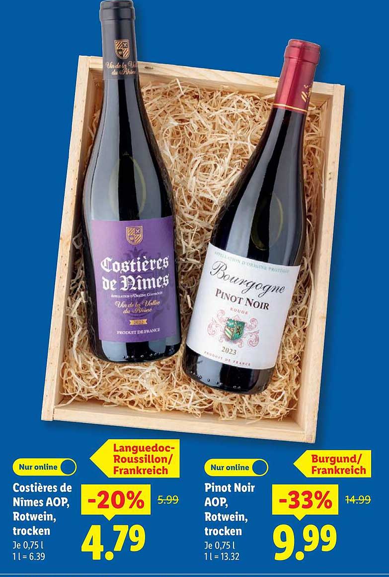 Costières de Nîmes AOP, Rotwein, trocken und Pinot Noir AOP, Rotwein, trocken