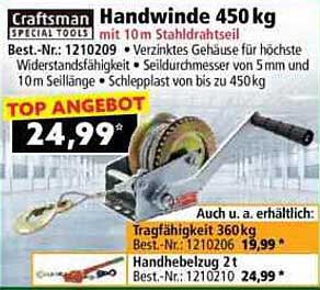 Craftsman Handwinde 450 kg mit 10 m Stahl-Drahtseil