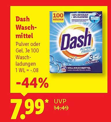 Dash Waschmittel Pulver oder Gel, je 100 Waschladungen