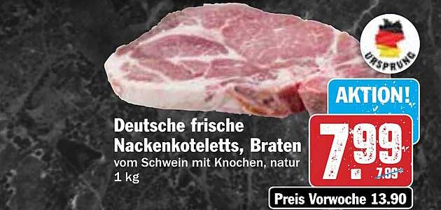 Deutsche frische Nackensteaks, Braten vom Schwein mit Knochen, natur 1 kg
