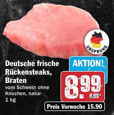 Deutsche frische Rückensteaks, Braten vom Schwein ohne Knochen, natur 1 kg