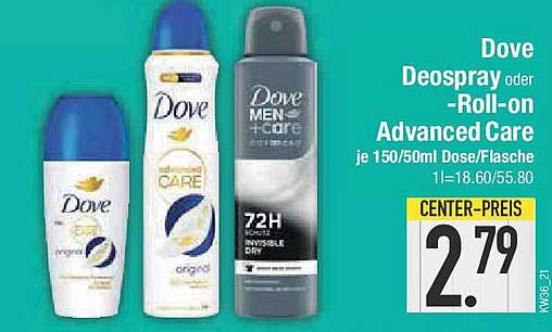 Dove Deospray oder -Roll-on Advanced Care je 150/50ml Dose/Flasche