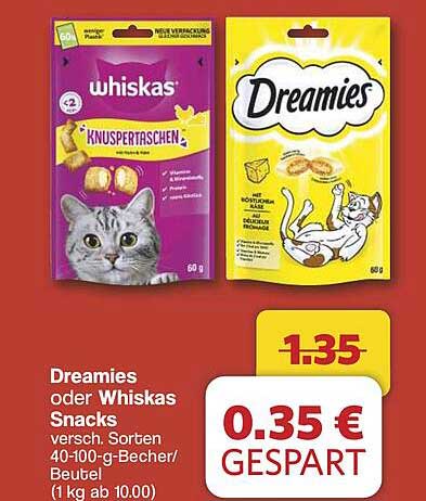 Dreamies oder Whiskas Snacks, verschiedene Sorten 40-100-g-Becher/Beutel