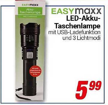 EASYmaxx LED-Akku-Taschenlampe mit USB-Ladefunktion und 3 Lichtmodi