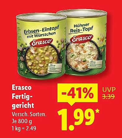 Erasco Fertiggericht Erbsen-Eintopf mit Würstchen oder Hühnerrisstopf - 800 g