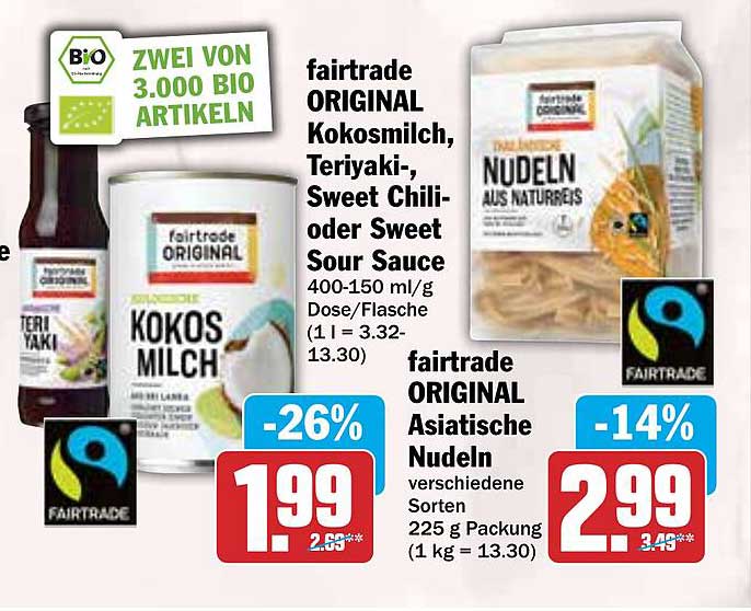 fairtrade ORIGINAL Kokosmilch, Teriyaki-, Sweet Chili- oder Sweet Sour Sauce