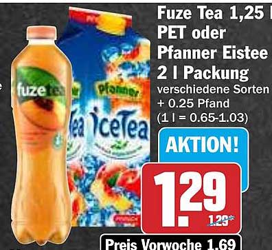 Fuze Tea 1,25 l PET oder Pfanner Eistee 2 l Packung - verschiedene Sorten