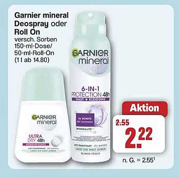 Garnier mineral Deospray oder Roll On, verschiedene Sorten 150-ml-Dose/50-ml-Roll-On