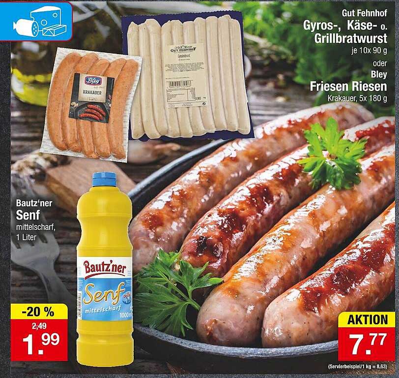 Gut Fehnhoff Gyros-, Käse- o. Grillbratwurst, je 10x 90 g oder Bley Friesen Riesen Krakauer, 5x 180 g