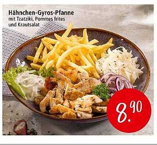 Hähnchen-Gyros-Pfanne mit Tzatziki, Pommes frites und Krautsalat