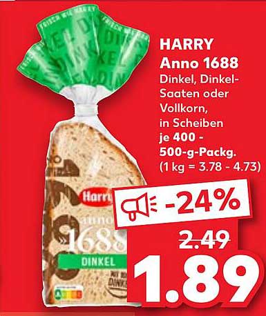 HARRY Anno 1688 Dinkel, Dinkel-Saaten oder Vollkorn in Scheiben je 400 - 500-g-Pack.