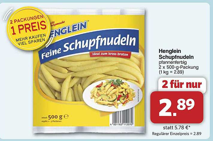 Henglein Feine Schupfnudeln – 2 x 500 g für nur 2,89 €