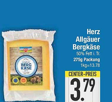 Herz Allgäuer Bergkäse 50% Fett i. Tr., 275g Packung