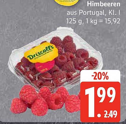 Himbeeren aus Portugal, Kl. I – 125 g (1 kg = 15,92 €)