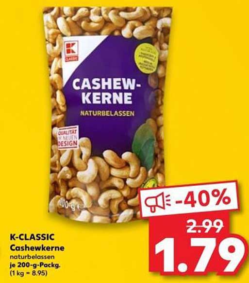 K-CLASSIC Cashewkerne naturbelassen je 200-g-Pack.
